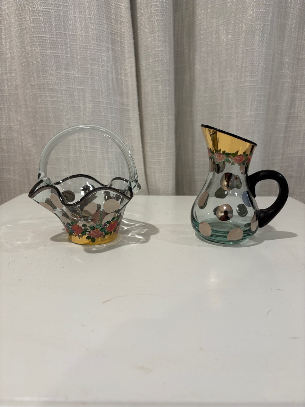 Mackenzie Childs Hand-Painted Glass Basket and Pitcher Set with Gold Trim